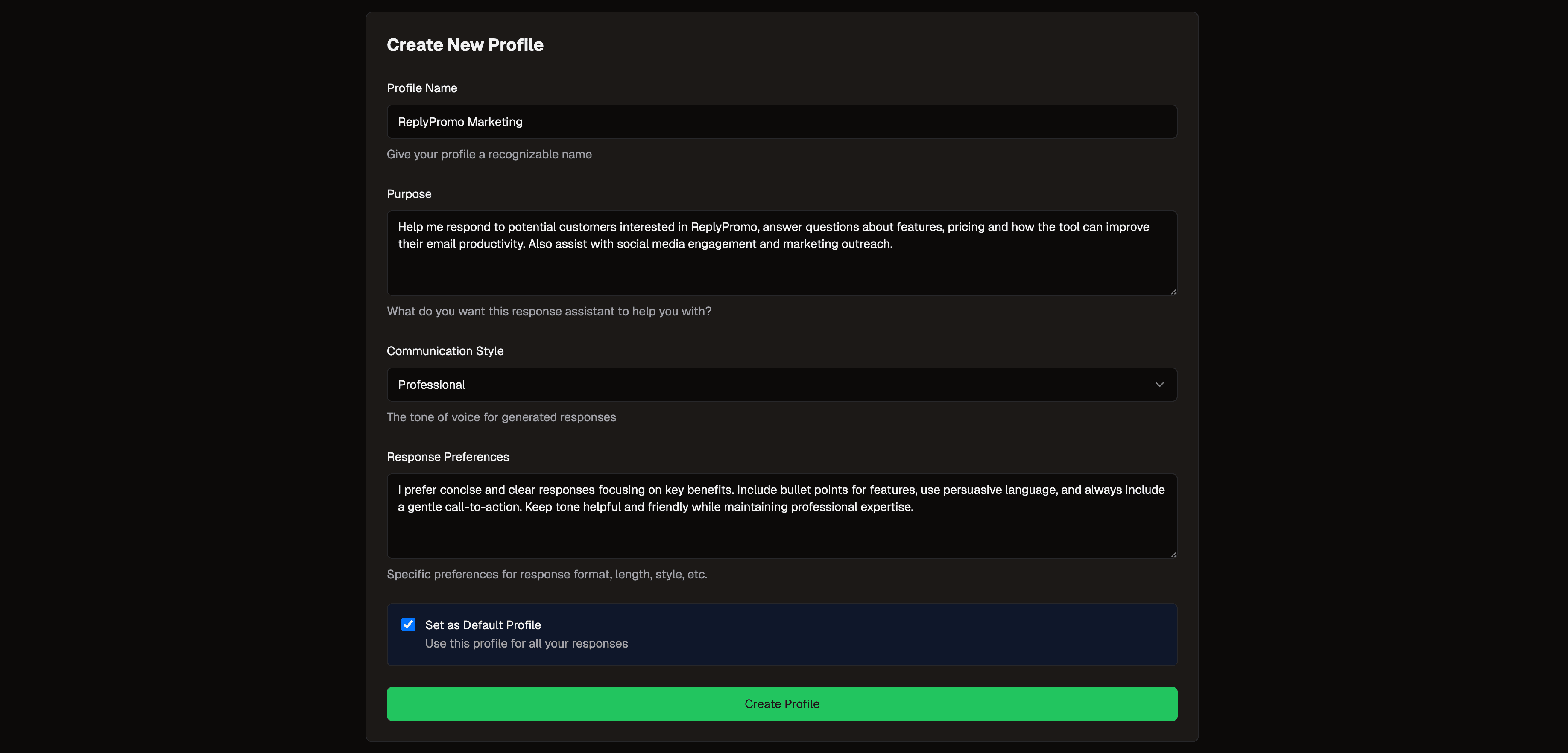 Profile configuration interface